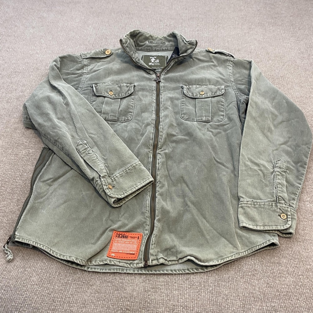 LRG Jacket Mens Large Green Corduroy Military Full Zip Pockets Epaulets Military